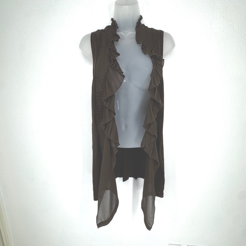 Cache Brown Ruffle Open Front Vest Pleated Chiffon Sleeveless‎ Cardigan Small